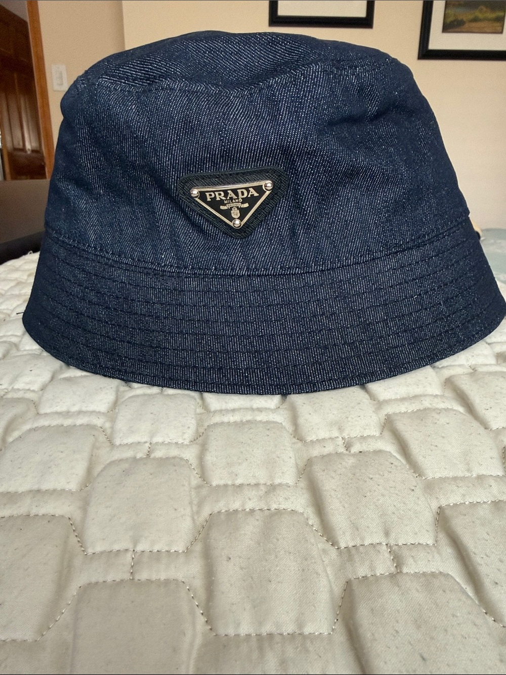 Prada Dark Blue Denim Bucket Hat with Triangle Logo - Picture 2 of 5